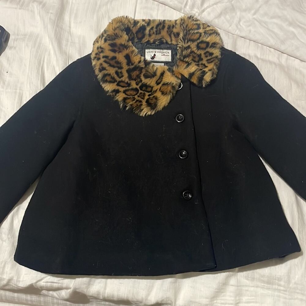 Janie & Jack 6 black wool blend black jacket offset buttons animal print euc